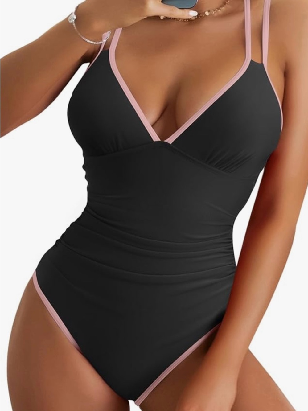 Women’s Black One-Piece Swimsuit with Pink Trim